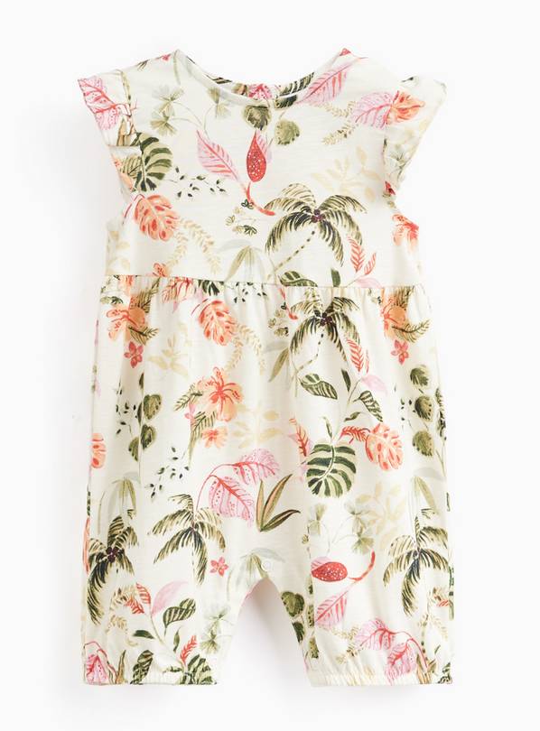 Cream Tropical Floral Print Frill Sleeve Romper 6-9 months